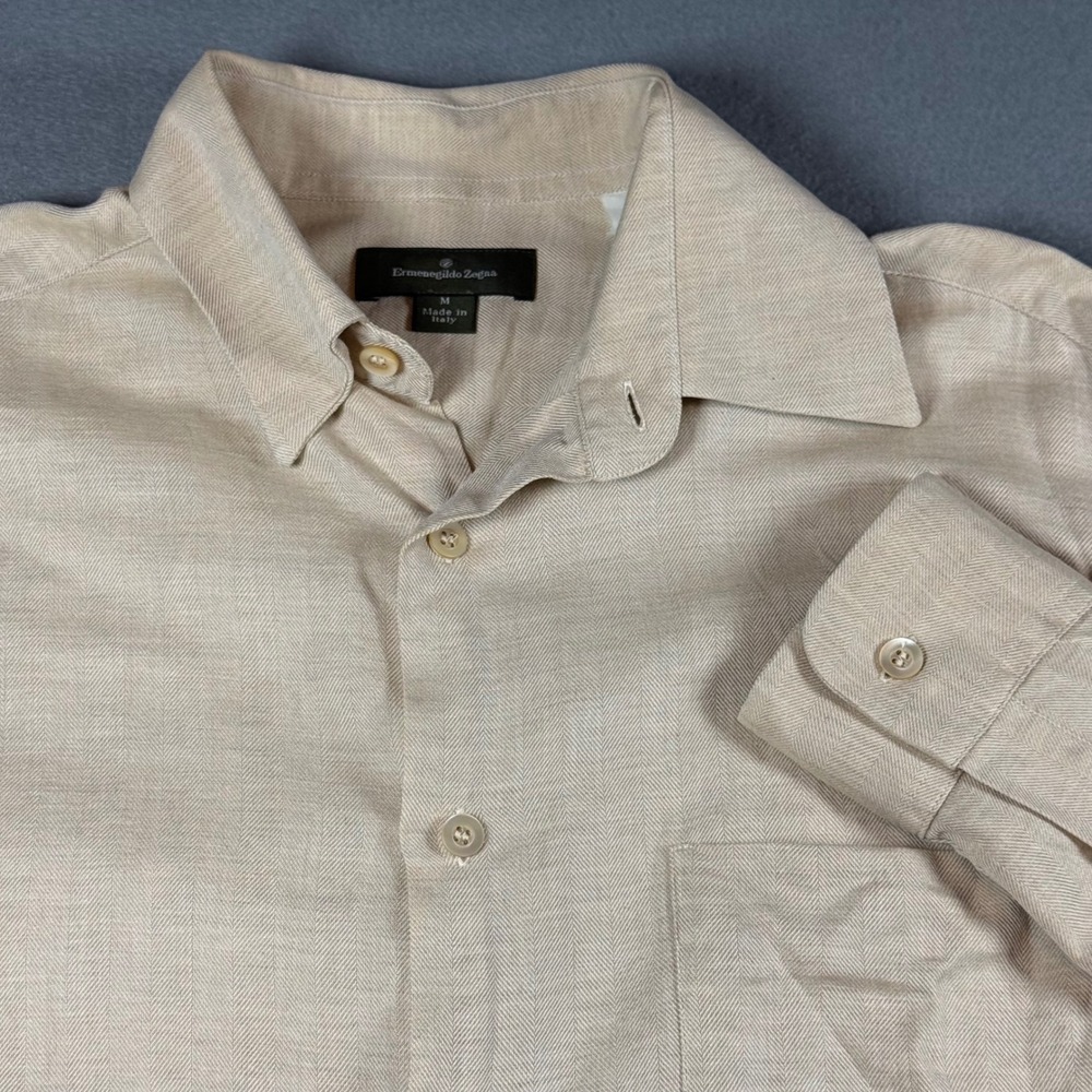 Ermenegildo Zegna Mens Button Down Shirt M Beige Herringbone 100% Cotton Italy